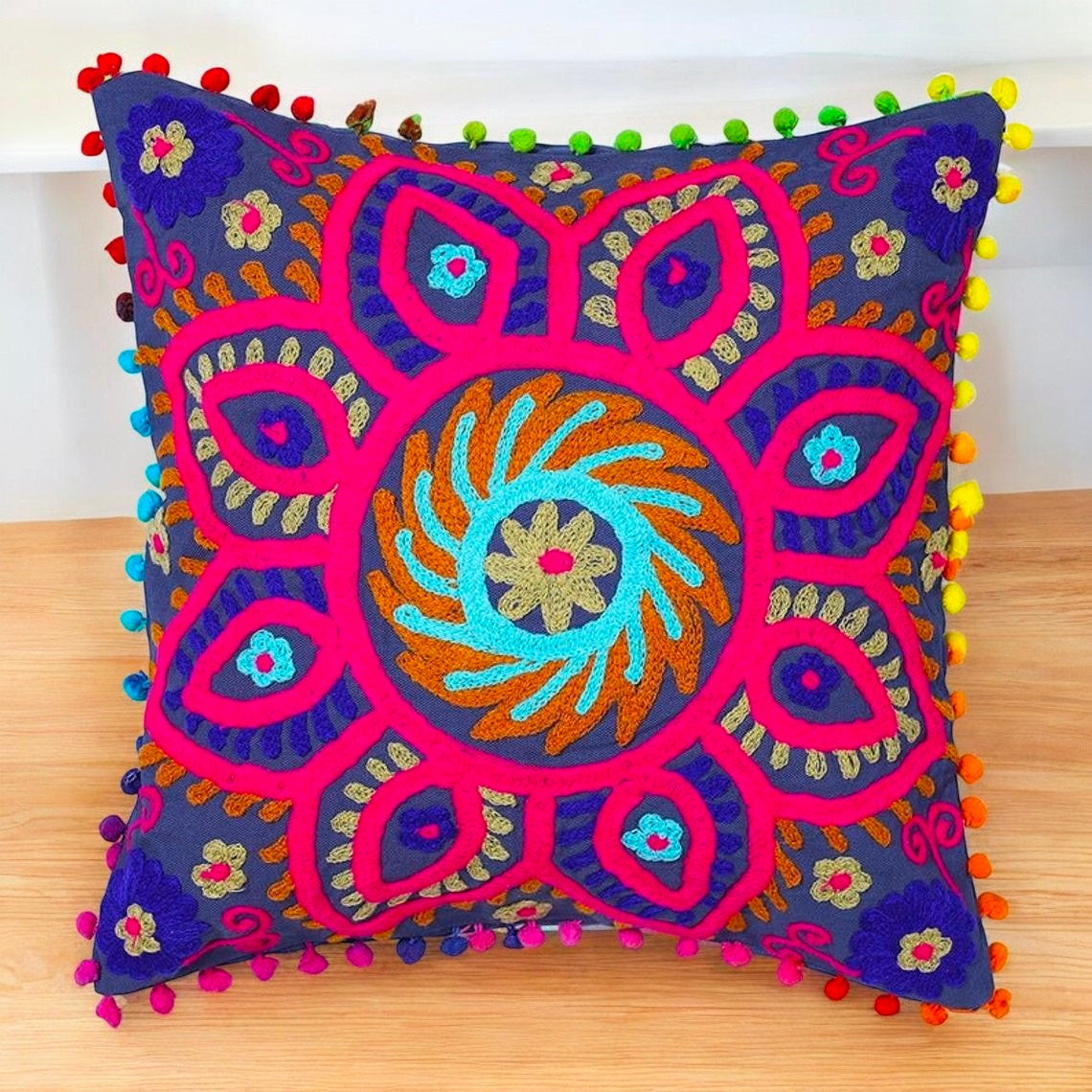 MAGGOT Embroidered Handmade Cotton Cushion Cover 16" X 16" Inch