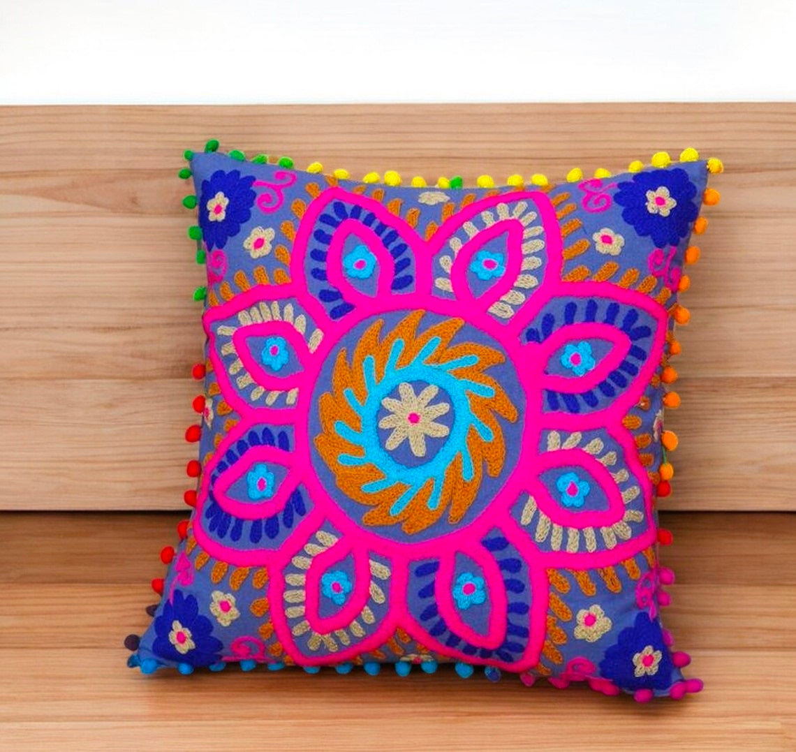 MAGGOT Embroidered Handmade Cotton Cushion Cover 16" X 16" Inch