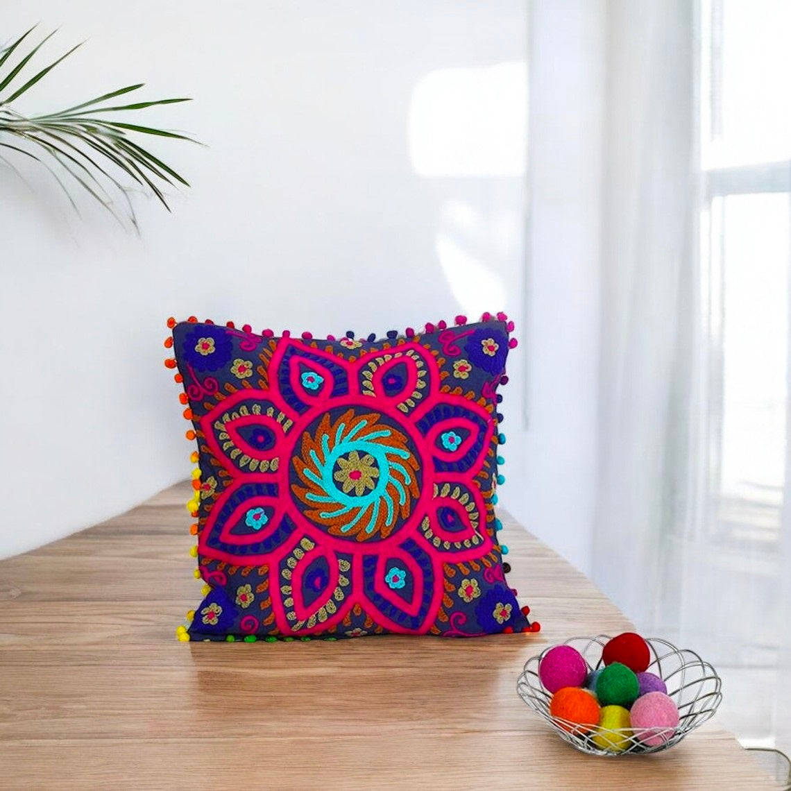 MAGGOT Embroidered Handmade Cotton Cushion Cover 16" X 16" Inch