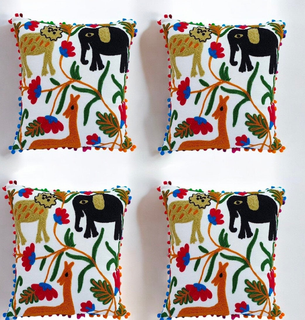 MAGGOT Embroidered Handmade Cotton Cushion Cover 16" X 16" Inch Pillow Cover