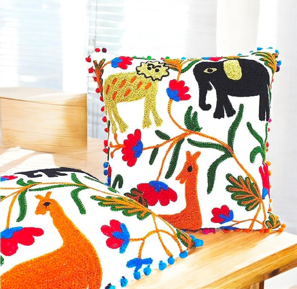 MAGGOT Embroidered Handmade Cotton Cushion Cover 16" X 16" Inch Pillow Cover