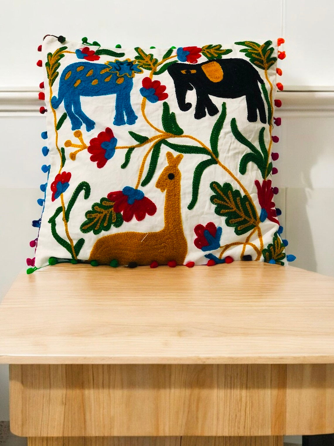 MAGGOT Embroidered Handmade Cotton Cushion Cover 16" X 16" Inch Pillow Cover