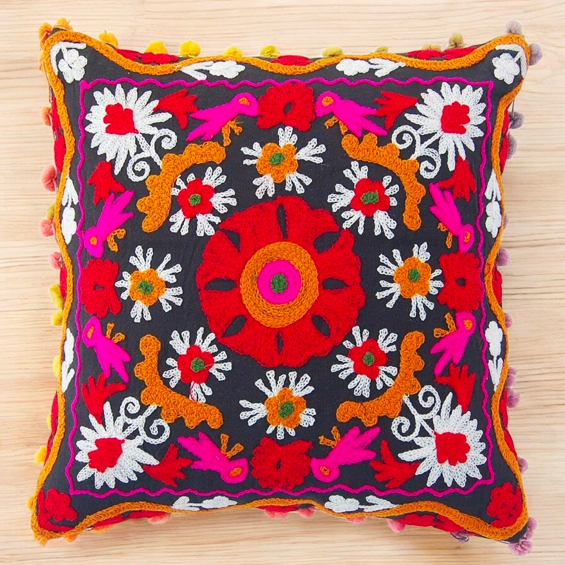 MAGGOT Embroidered Cotton Cushion Cover 16" X 16" Inch Pillow Cover