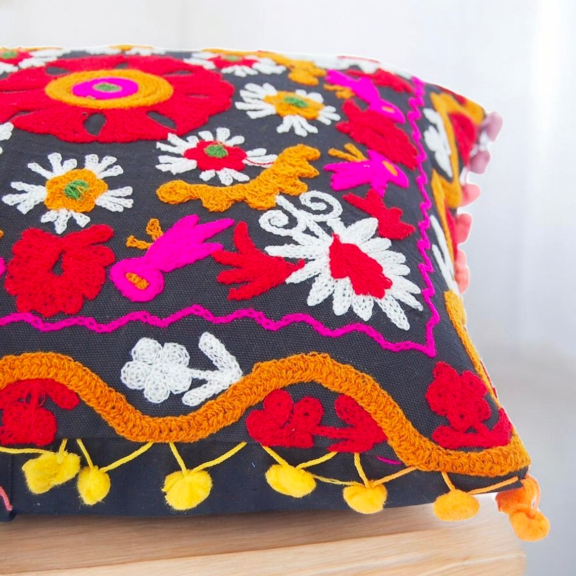 MAGGOT Embroidered Cotton Cushion Cover 16" X 16" Inch Pillow Cover